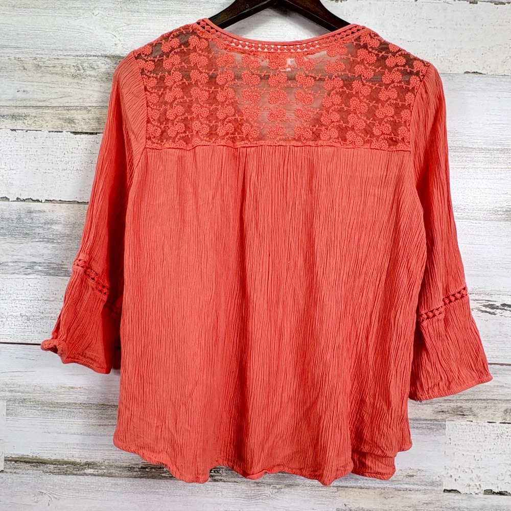 John Paul Richard Coral Lace V-Neck 3/4 Sleeve Textured Crochet Tunic Top XL - Picture 2 of 10